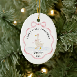 Baby Eerste Kerstmis Roze Waterverf Lint Gans Keramisch Ornament