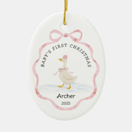 Baby Eerste Kerstmis Roze Waterverf Lint Gans Keramisch Ornament