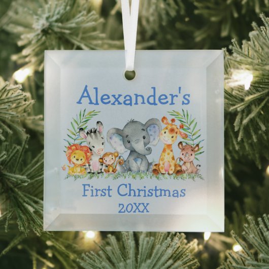 Baby Eerste Kerstmis Safari Animals Blue Glas Ornament (Insitu)