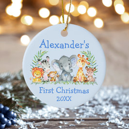 Baby Eerste Kerstmis Safari Animals Blue Keramisch Ornament