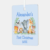 Baby Eerste Kerstmis Safari Animals Blue Metalen Ornament (Voorkant links)