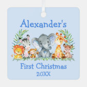 Baby Eerste Kerstmis Safari Animals Blue Metalen Ornament (Voorkant)
