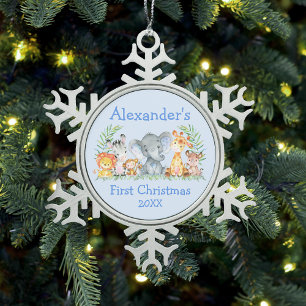 Baby Eerste Kerstmis Safari Animals Blue Tin Sneeuwvlok Ornament