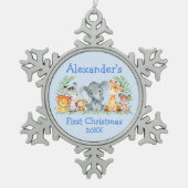 Baby Eerste Kerstmis Safari Animals Blue Tin Sneeuwvlok Ornament (Voorkant)