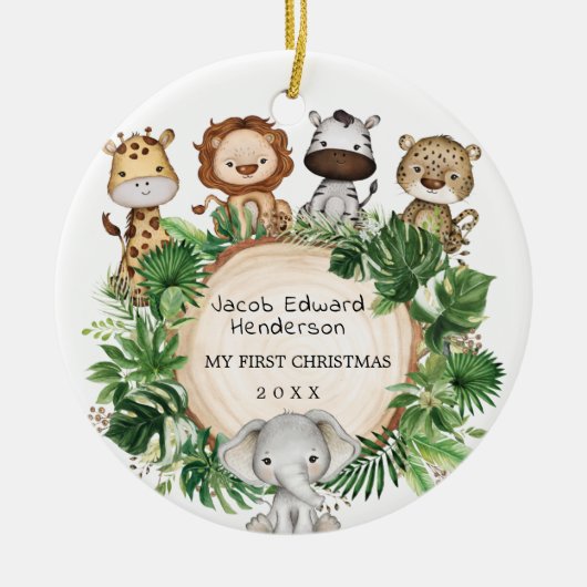 Baby eerste Kerstmis: Safari Dieren geboorte Stats Keramisch Ornament (Voorkant)