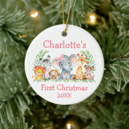 Baby eerste Kerstmis: Safari Dieren Roze Bow Keramisch Ornament