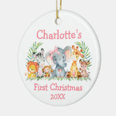 Baby eerste Kerstmis: Safari Dieren Roze Bow Keramisch Ornament (Links)