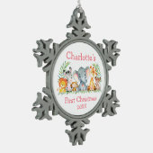 Baby Eerste Kerstmis Safari Dieren Roze Tin Sneeuwvlok Ornament (Links)