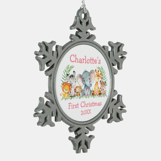 Baby Eerste Kerstmis Safari Dieren Roze Tin Sneeuwvlok Ornament (Links)
