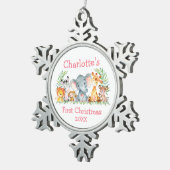 Baby Eerste Kerstmis Safari Dieren Roze Tin Sneeuwvlok Ornament (Rechts)