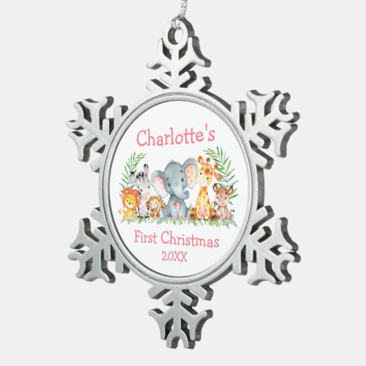 Baby Eerste Kerstmis Safari Dieren Roze Tin Sneeuwvlok Ornament (Rechts)