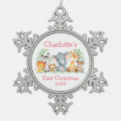 Baby Eerste Kerstmis Safari Dieren Roze Tin Sneeuwvlok Ornament (Voorkant)