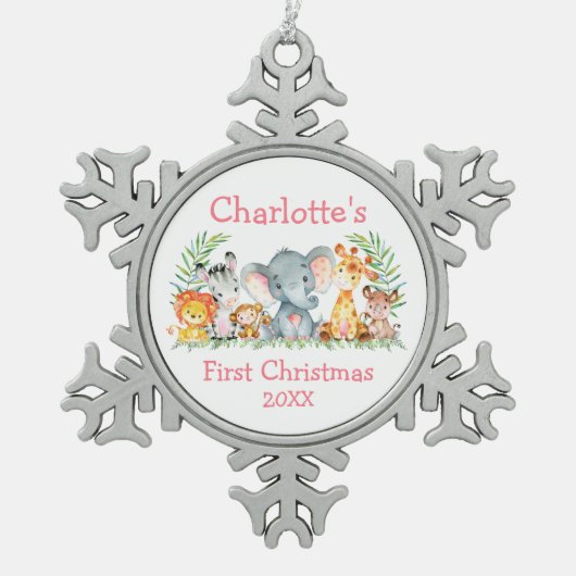 Baby Eerste Kerstmis Safari Dieren Roze Tin Sneeuwvlok Ornament (Voorkant)