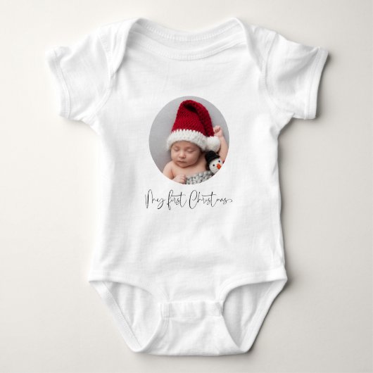 Baby Eerste Kerstmis Script Aangepaste Circulaire Romper (Voorkant)
