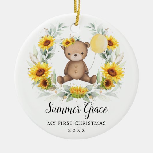 Baby Eerste Kerstmis Teddy Bear Sunflower Wreater Keramisch Ornament (Voorkant)
