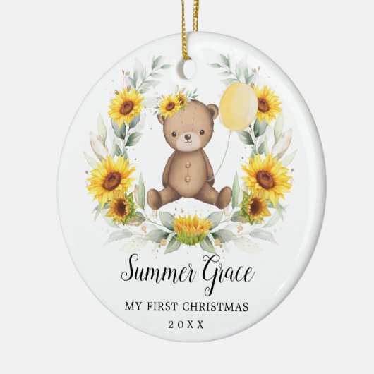 Baby Eerste Kerstmis Teddy Bear Sunflower Wreater Keramisch Ornament (Links)