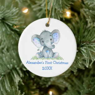Baby Eerste Kerstmis Waterverf Blauwe olifant Keramisch Ornament