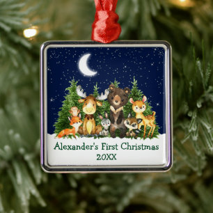 Baby Eerste Kerstmis Waterverf Bosdieren Metalen Ornament
