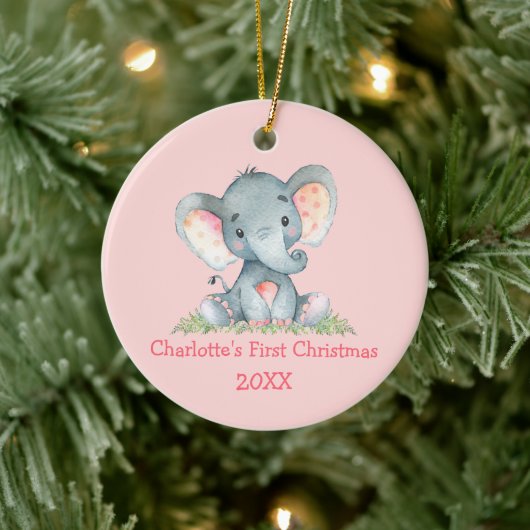 Baby Eerste Kerstmis Waterverf Elephant Pink Keramisch Ornament (Boom)