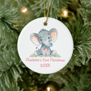 Baby Eerste Kerstmis Waterverf Roze olifant Keramisch Ornament