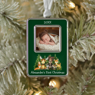 Baby Eerste Kerstmis Woodland Dieren Foto Verzilverd Omlijst Ornament