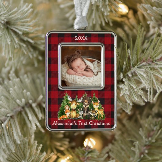 Baby Eerste Kerstmisbos Dieren Foto Plaid Verzilverd Omlijst Ornament (Boom)