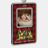 Baby Eerste Kerstmisbos Dieren Foto Plaid Verzilverd Omlijst Ornament (Rechts)