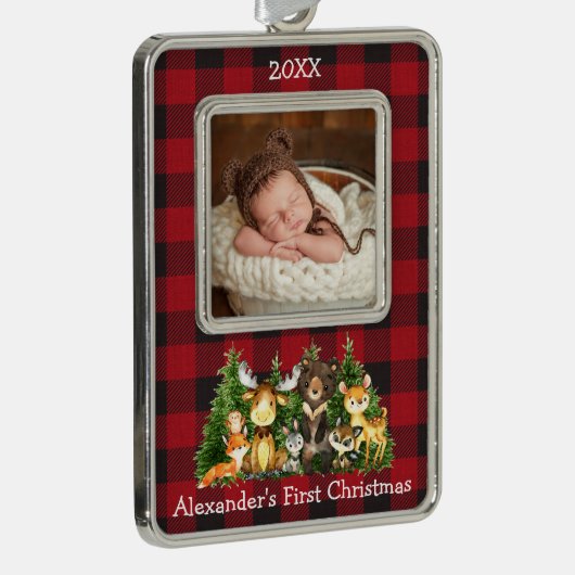 Baby Eerste Kerstmisbos Dieren Foto Plaid Verzilverd Omlijst Ornament (Rechts)