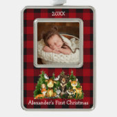 Baby Eerste Kerstmisbos Dieren Foto Plaid Verzilverd Omlijst Ornament (Voorkant)