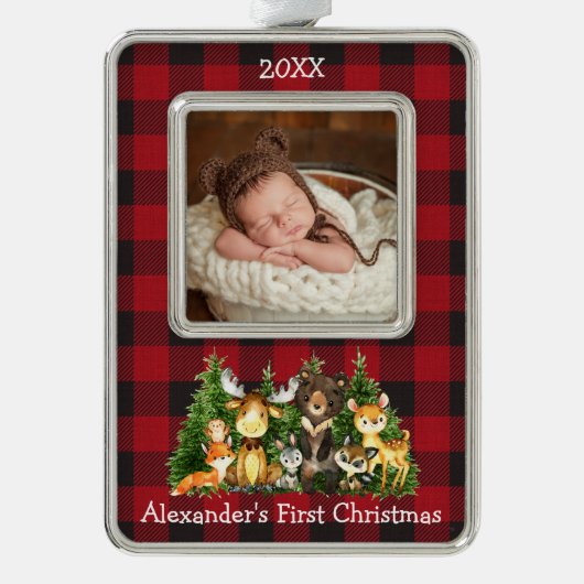 Baby Eerste Kerstmisbos Dieren Foto Plaid Verzilverd Omlijst Ornament (Voorkant)