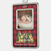 Baby Eerste Kerstmisbos Dieren Foto Plaid Verzilverd Omlijst Ornament (Links)