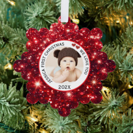 Baby Eerste Kerstnaam Foto Rood Ornament Kaart