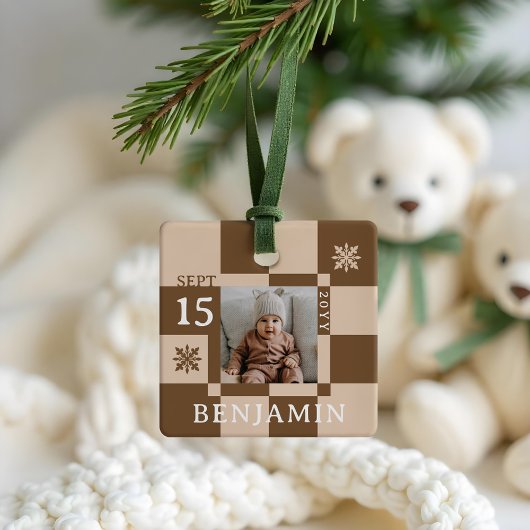 Baby Eerste Kerstpret Retro Checkerboard Foto Keramisch Ornament