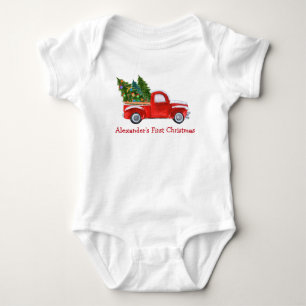Baby eerste kerstrode vrachtwagen, rode naam romper