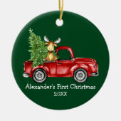 Baby eerste kerstronde met rode vrachtwagen met ee keramisch ornament (Voorkant)