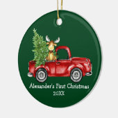 Baby eerste kerstronde met rode vrachtwagen met ee keramisch ornament (Links)