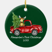 Baby eerste kerstronde met rode vrachtwagen met ee keramisch ornament (Achterkant)