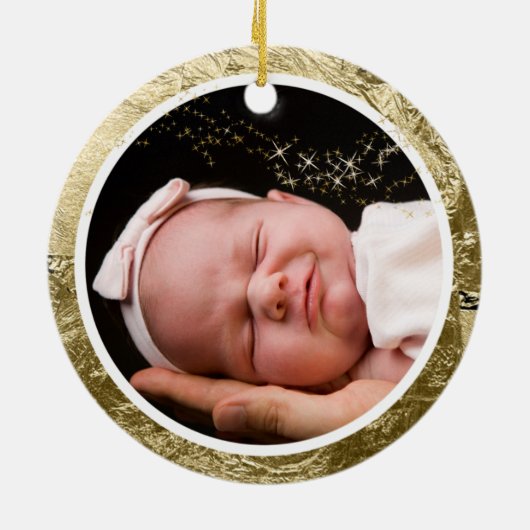 Baby eerste kerstroze n Gold Glitter Star Foto Keramisch Ornament (Achterkant)