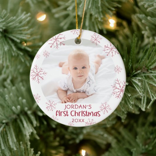 Baby eerste kerstroze Snowflake Girl 2 Foto Keramisch Ornament (Boom)