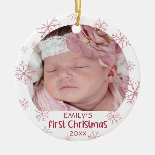 Baby Eerste Kerstroze Snowflake Girl Naam Keramisch Ornament (Voorkant)