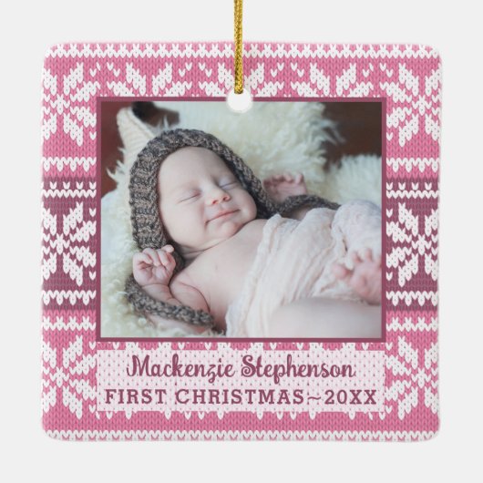 Baby eerste kerstroze snowflake Sweater Foto Keramisch Ornament (Achterkant)