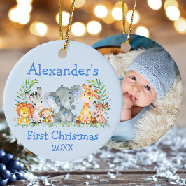 Baby Eerste Kerstsafari Dieren Blauwe FOTO Keramisch Ornament