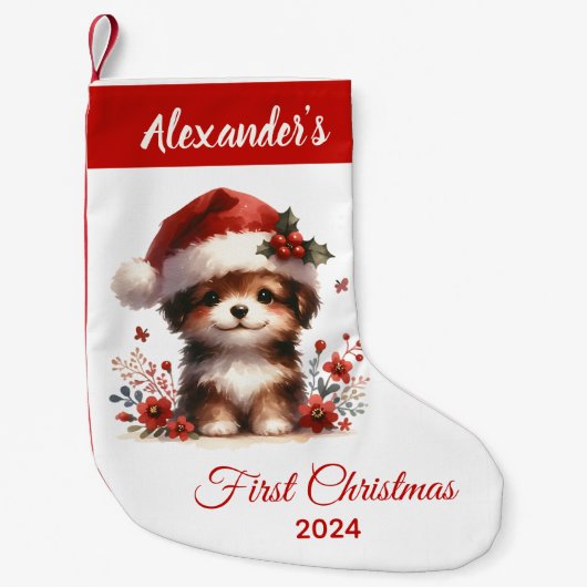 Baby eerste Kerstschattige Hond gepersonaliseerd Kleine Kerstsok (Voorkant)