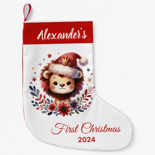 Baby eerste kerstschattige leeuw gepersonaliseerd kleine kerstsok (Voorkant)