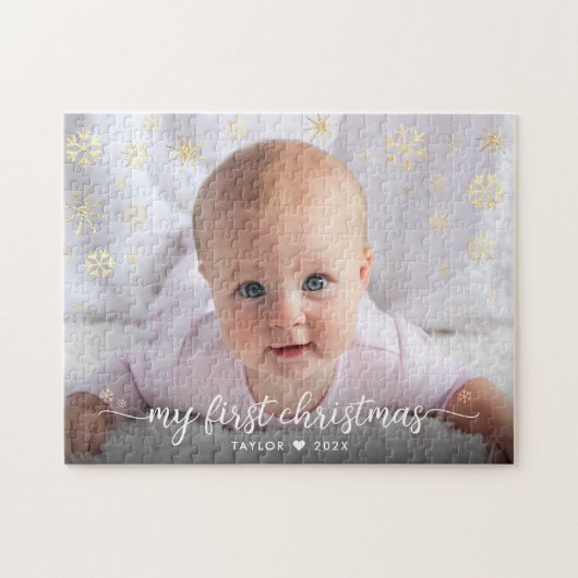 Baby eerste kerstscript Gold Snowflake Photo Legpuzzel (Horizontaal)