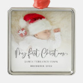 Baby Eerste kerstscript Naam Fotobedekking Metalen Ornament (Voorkant)