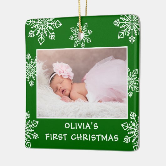 Baby Eerste Kerstsneeuwvlokken 2 Foto Groen Keramisch Ornament (Links)