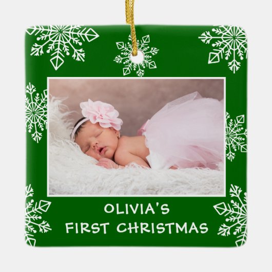 Baby Eerste Kerstsneeuwvlokken 2 Foto Groen Keramisch Ornament (Voorkant)
