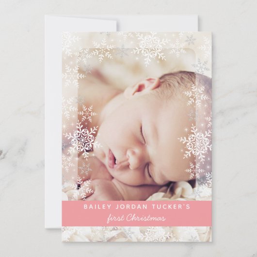 Baby eerste kerstsnowflakes Roze foto van geboorte Aankondiging (Voorkant)