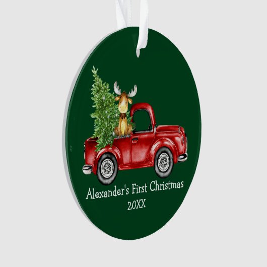 Baby eerste kersttruck Moose PHOTO BACK Green Ornament (voorkant)